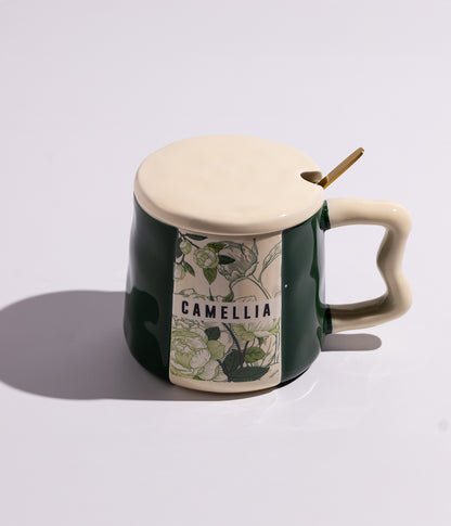 كوب سيراميك بتصميم ورود ملونة بغطاء وملعقة