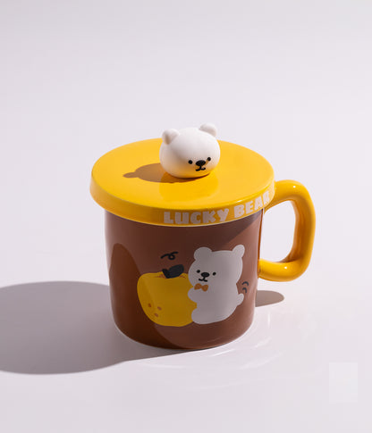 كوب سيراميك بتصميم مجسم رأس الدب على الملعقة مع غطاء