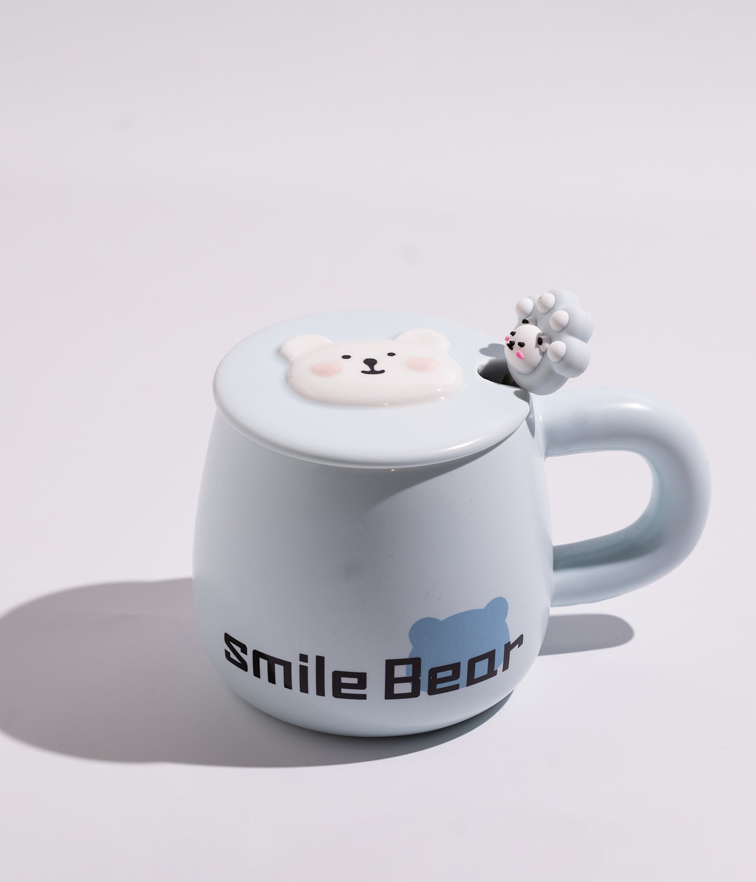 كوب قهوة سيراميك بتصميم الدب السعيد مع ملعقة وغطاء لحفظ الحرارة
