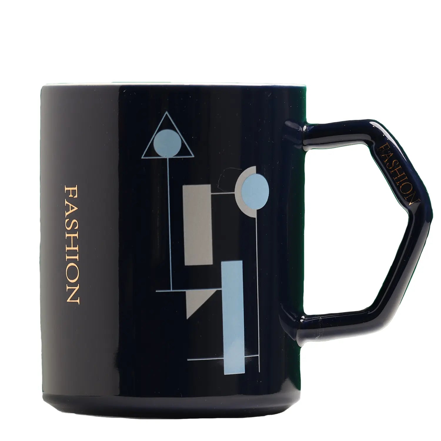 Ceramic coffee mug with geometric design and fashion phrase with lid and spoon