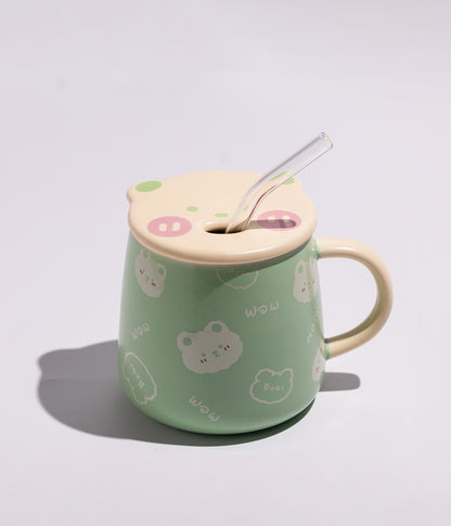 كوب سيراميك بتصميم دببة مرحة بغطاء ومزاز لسهولة الشرب