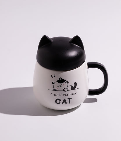 كوب سيراميك بتصميم قطة مرحة مع غطاء عليه أذنين
