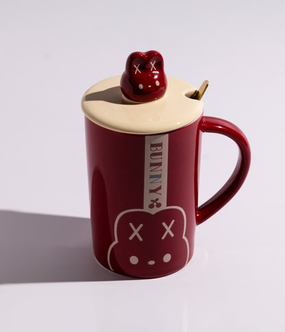 كوب سيراميك بتصميم مجسم أرنب على الغطاء مع ملعقة