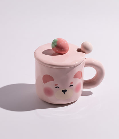 كوب سيراميك بتصميم وجه الدب ومجسم الفراولة على الغطاء مع ملعقة