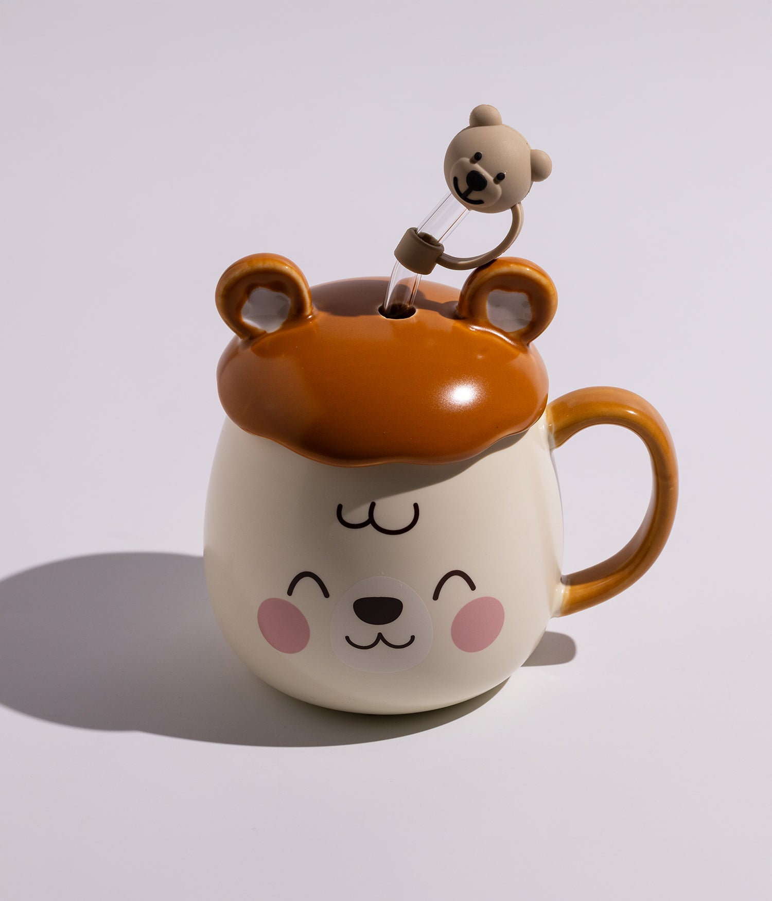 كوب سيراميك بتصميم وجه الدب مع غطاء ومزاز