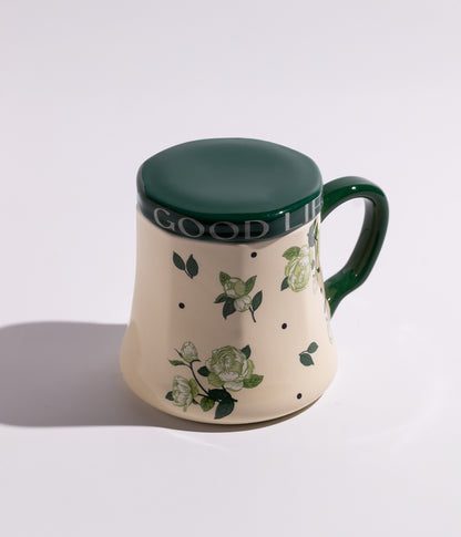 كوب سيراميك بتصميم ورود خضراء مع غطاء حافظ للحرارة