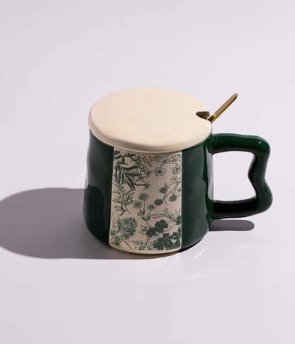 كوب سيراميك بتصميم ورود ملونة بغطاء وملعقة