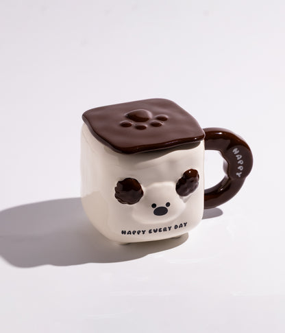 كوب سيراميك بتصميم وجه كلب مرح مع غطاء