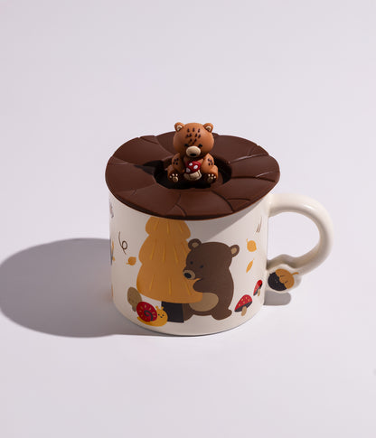 كوب سيراميك بتصميم دب في الغابة مع غطاء