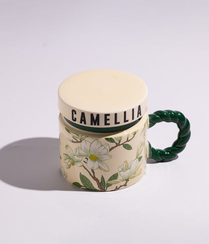 كوب سيراميك بتصميم ورود ملونة مع مقبض أخضر وغطاء محكم الاغلاق