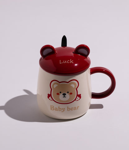 كوب سيراميك بتصميم دببة لطيفة مع غطاء وملعقة