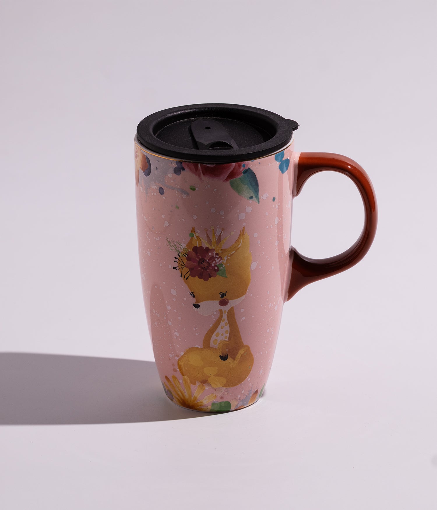 كوب قهوة سيراميك بتصميم حيوانات الغابة وبغطاء محكم الاغلاق