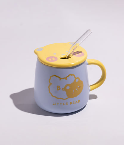 كوب سيراميك بتصميم دببة مرحة بغطاء ومزاز لسهولة الشرب