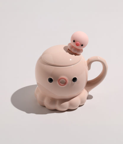 كوب سيراميك بتصميم أخطبوط لطيف مع غطاء وملعقة