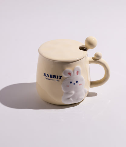 كوب سيراميك بتصميم أرنب مع غطاء وملعقة