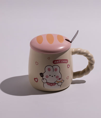 كوب سيراميك بتصميم حيوانات أليفة مع غطاء وملعقة