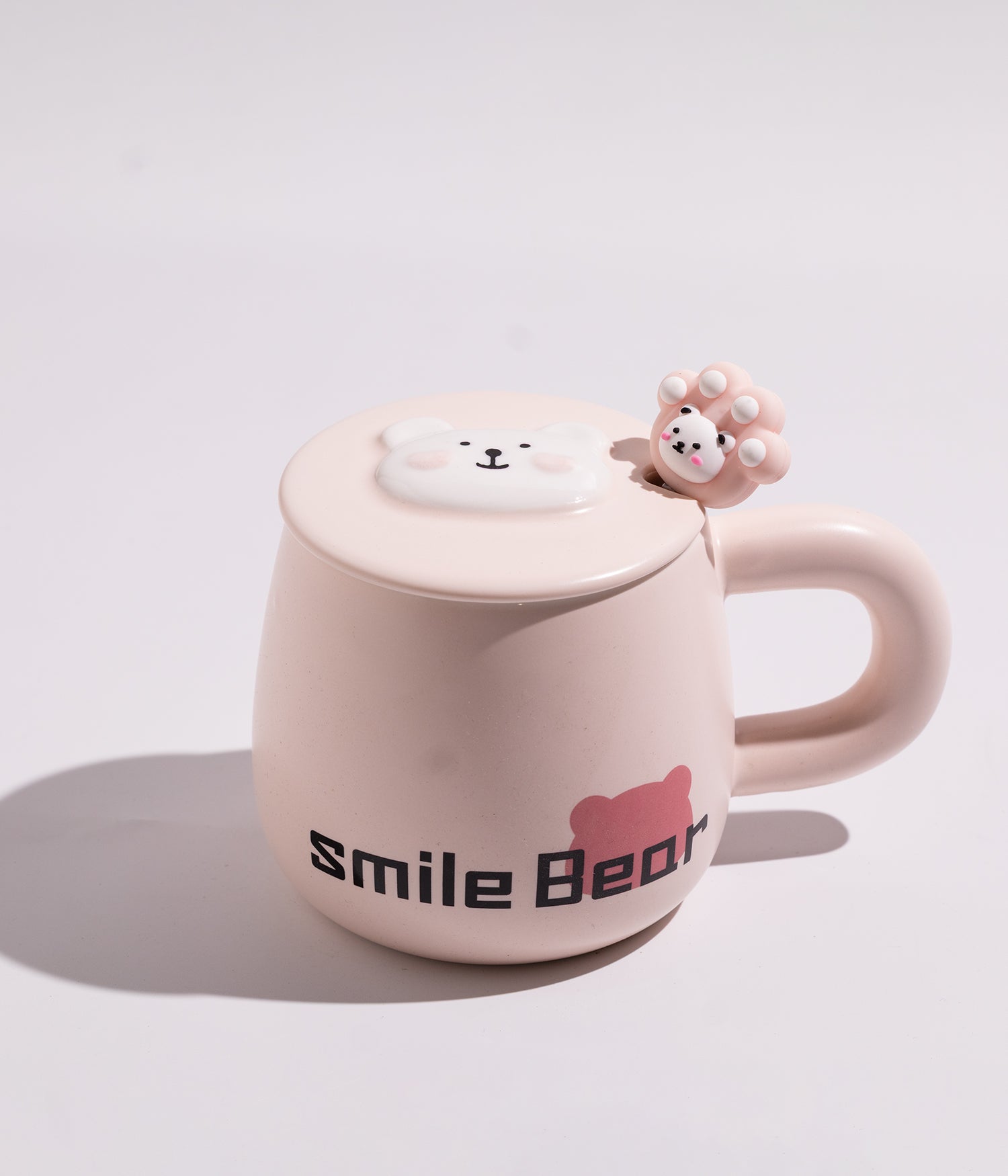 كوب قهوة سيراميك بتصميم الدب السعيد مع ملعقة وغطاء لحفظ الحرارة