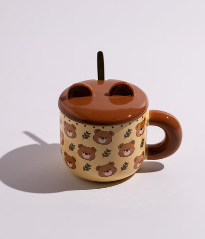 كوب سيراميك بتصميم دباديب مرحة مع غطاء وملعقة