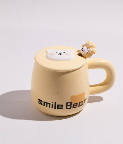 كوب قهوة سيراميك بتصميم الدب السعيد مع ملعقة وغطاء لحفظ الحرارة