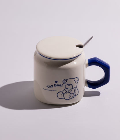 كوب قهوة سيراميك برسومات دببة لطيفة مع غطاء وملعقة