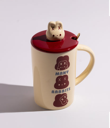 كوب سيراميك بتصميم مجسم أرنب على الغطاء مع ملعقة