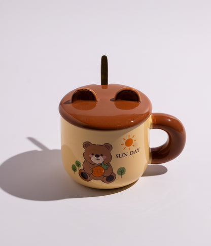 كوب سيراميك بتصميم دباديب مرحة مع غطاء وملعقة