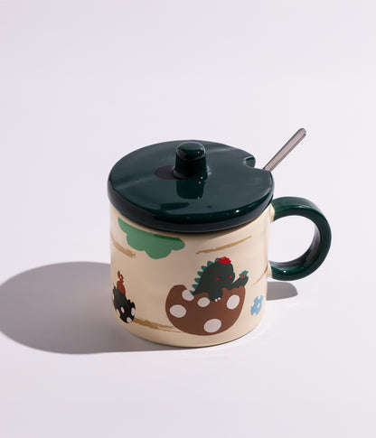 كوب ييراميك بتصميم حيوانات الغابة مع غطاء وملعقة