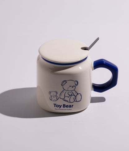 كوب قهوة سيراميك برسومات دببة لطيفة مع غطاء وملعقة
