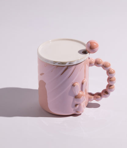 كوب سيراميك بتصميم أرنب مع مقبض لؤلؤي وبغطاء وملعقة