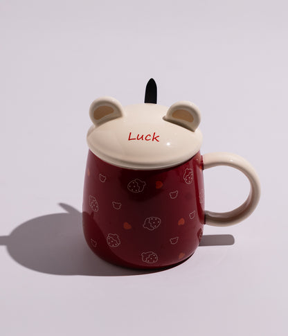 كوب سيراميك بتصميم دببة لطيفة مع غطاء وملعقة