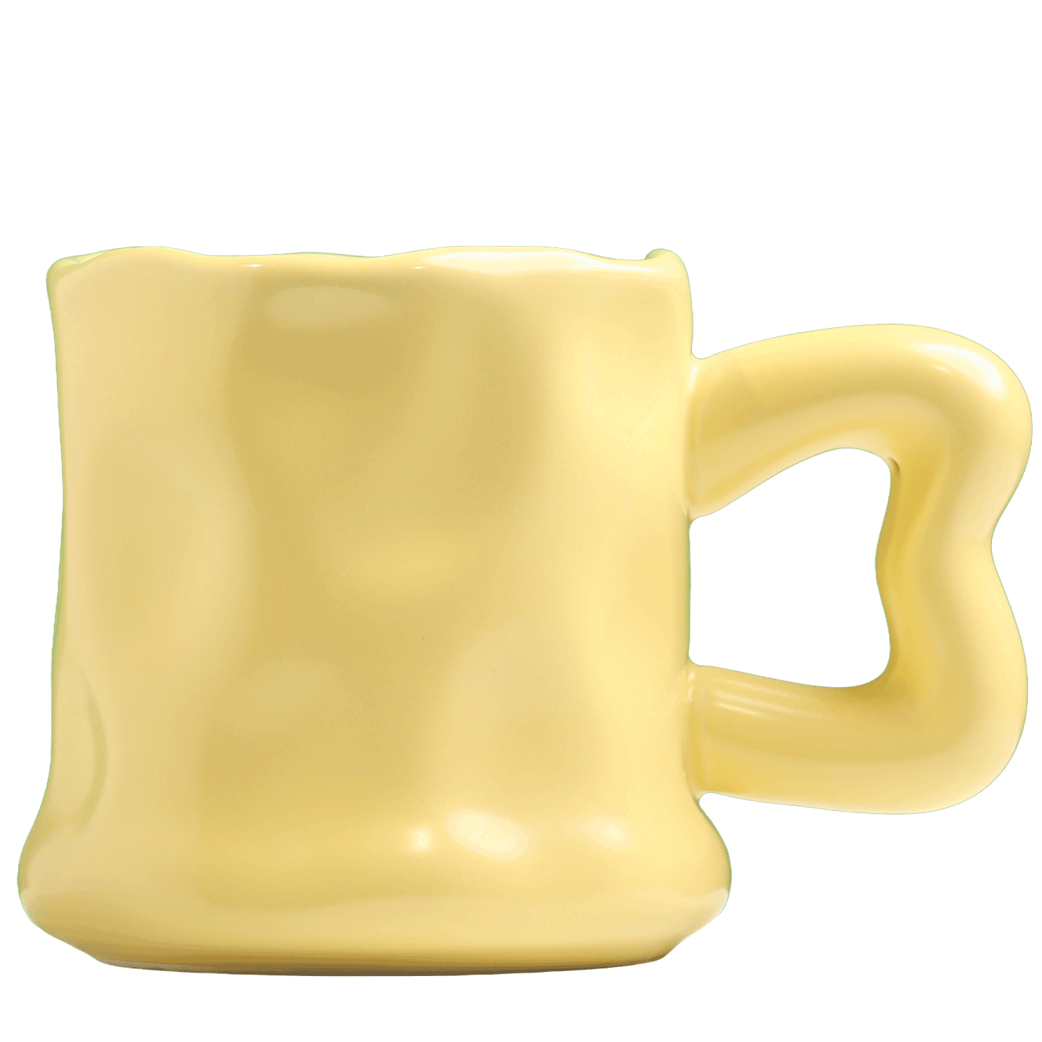Yellow ceramic mug with a wavy design and a modern handle