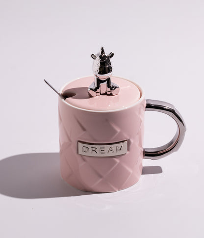 كوب سيراميك بتصميم دب ميتاليك على الغطاء مع ملعقة