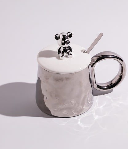 كوب سيراميك بمجسم دب ميتاليك على الغطاء مع ملعقة