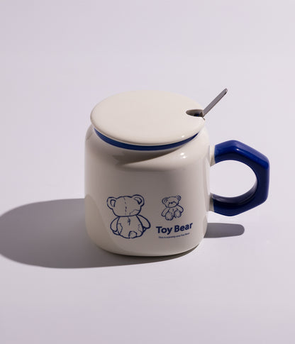 كوب قهوة سيراميك برسومات دببة لطيفة مع غطاء وملعقة