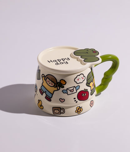 كوب سيراميك بتصميم حيوانات الغابة مع غطاء