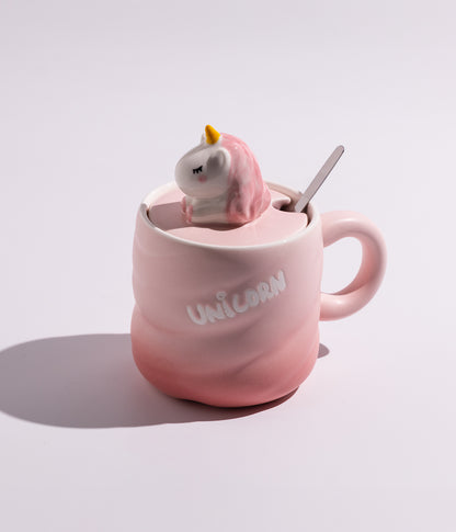 كوب قهوة سيراميك بتصميم مجسم يونيكورن على الغطاء مع ملعقة
