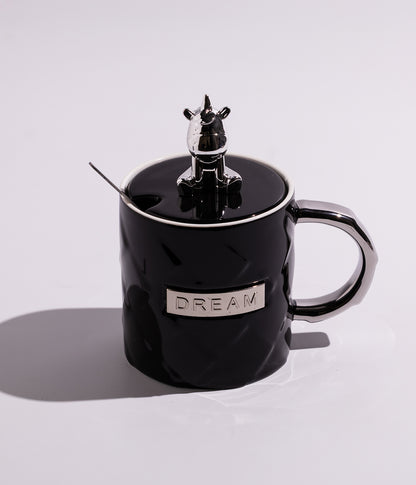 كوب سيراميك بتصميم دب ميتاليك على الغطاء مع ملعقة