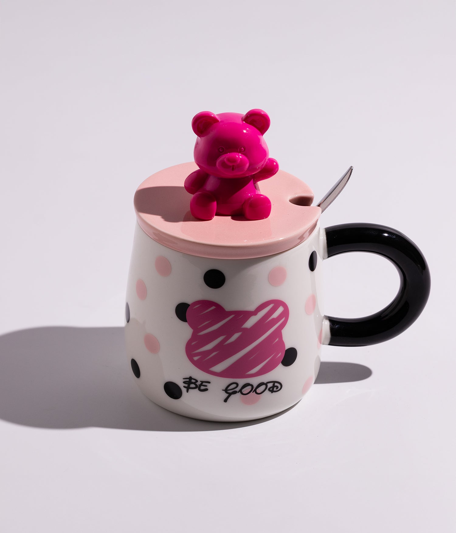 كوب سيراميك بتصميم مجسم الدب على الغطاء مع ملعقة