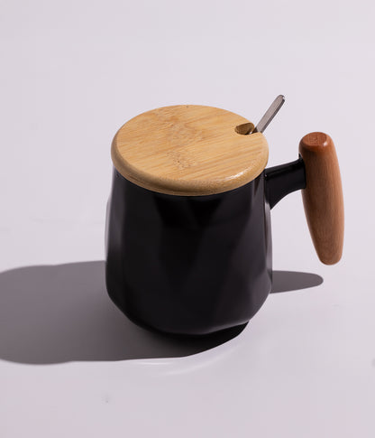 كوب سيراميك سادة بمقبض وغطاء خشبي وملعقة