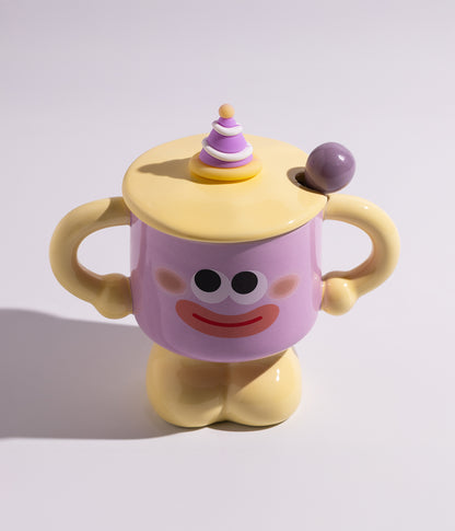 كوب قهوة سيراميك بتصميم وجوه مرحة مع غطاء وملعقة