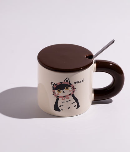 كوب سيراميك بتصميم قطط مرحة مع غطاء وملعقة