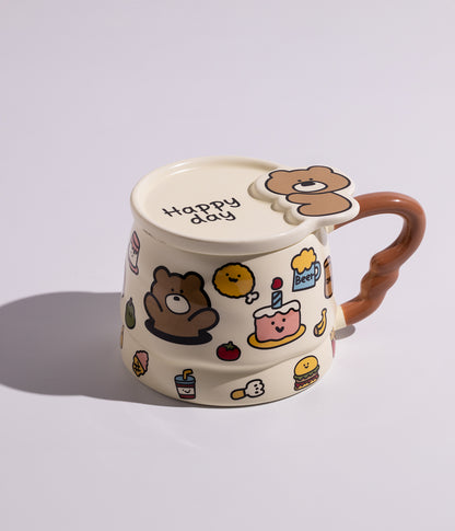 كوب سيراميك بتصميم حيوانات الغابة مع غطاء