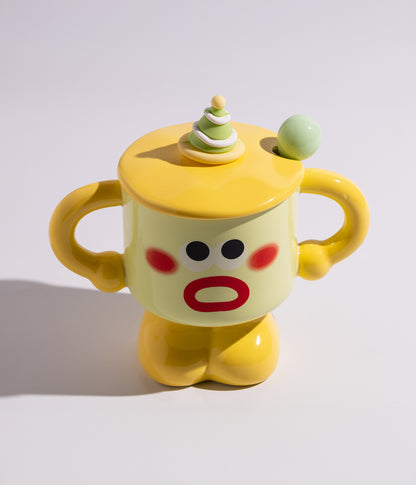 كوب قهوة سيراميك بتصميم وجوه مرحة مع غطاء وملعقة