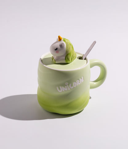 كوب قهوة سيراميك بتصميم مجسم يونيكورن على الغطاء مع ملعقة