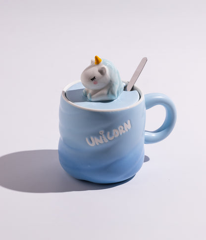 كوب قهوة سيراميك بتصميم مجسم يونيكورن على الغطاء مع ملعقة