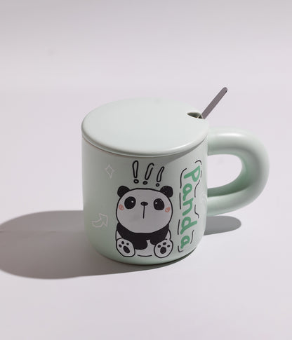 كوب سيراميك برسمة حيوانات الغابة مزوّد بغطاء وملعقة