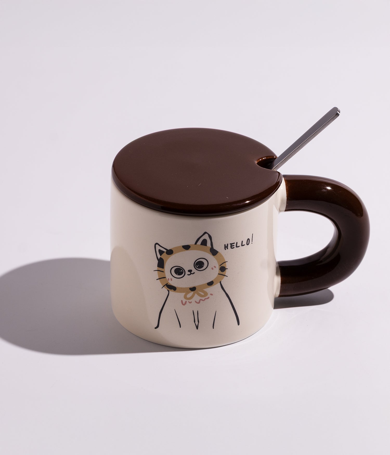 كوب سيراميك بتصميم قطط مرحة مع غطاء وملعقة