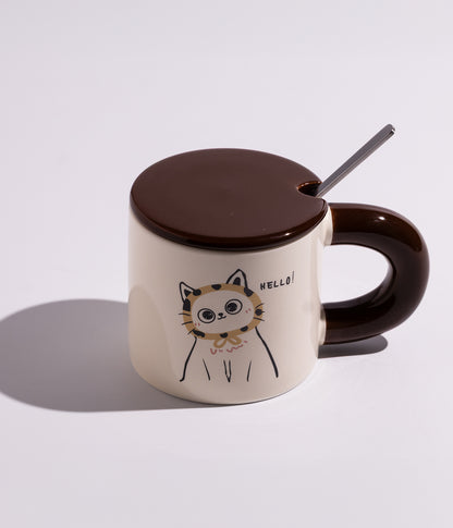 كوب سيراميك بتصميم قطط مرحة مع غطاء وملعقة