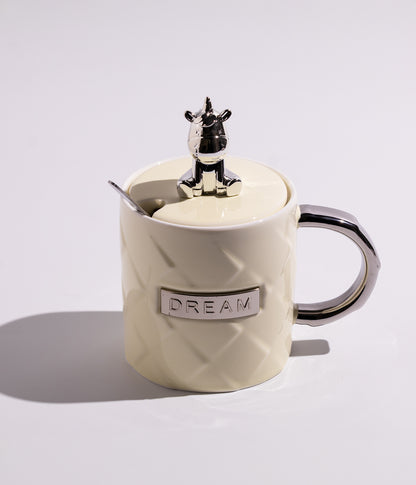 كوب سيراميك بتصميم دب ميتاليك على الغطاء مع ملعقة