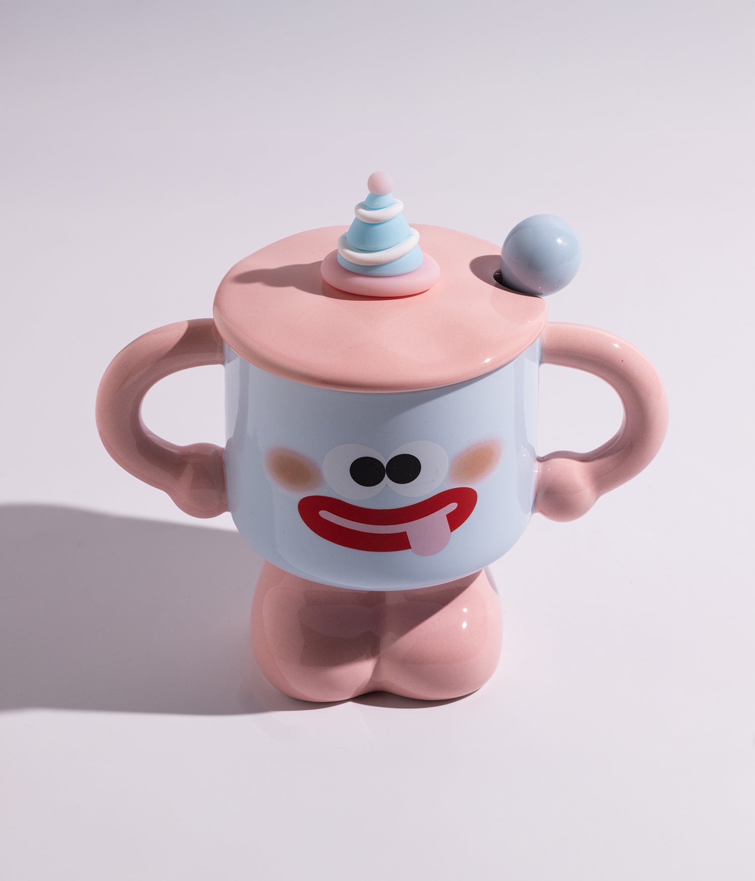 كوب قهوة سيراميك بتصميم وجوه مرحة مع غطاء وملعقة